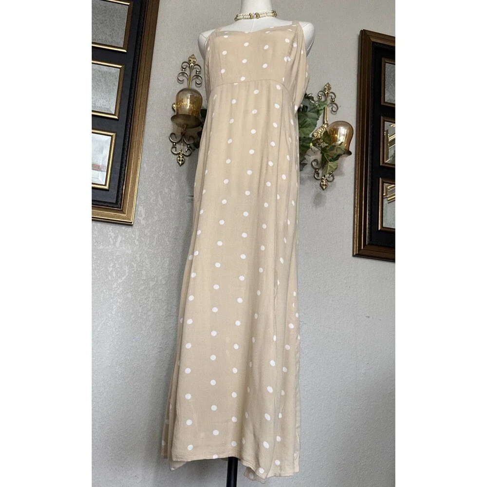 old navy strap tank maxi Dress beige white polka dot Y2K mocked back Size L - Picture 2 of 16